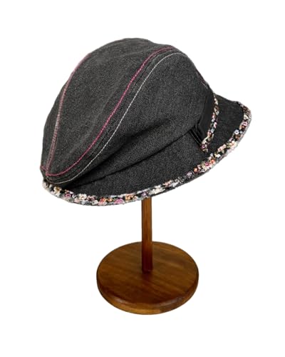 Women Denim Bucket Hat Brim with Floral Foldable Versatile Cap - color: Black