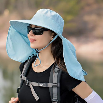 HUAMULAN Women Men Wide Brim Sun Hat Hiking Fishing Hats with Neck Flap - color: Blue With Mesh Panel