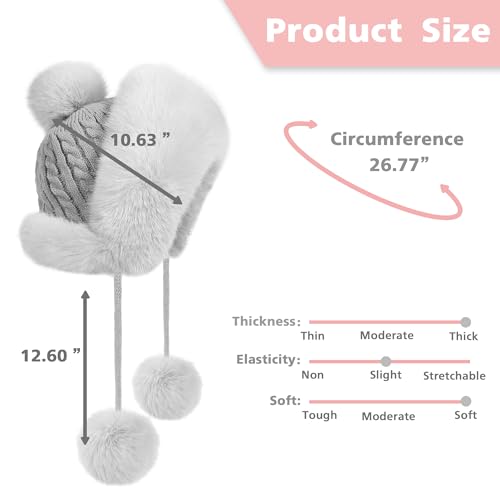 Winter Hats Cute Kint Hat Russian Fur Crochet Hat Slouchy Beanies with Pompom Warm Fuzzy Snow Cap Trapper Hat for Women - color: Gray
