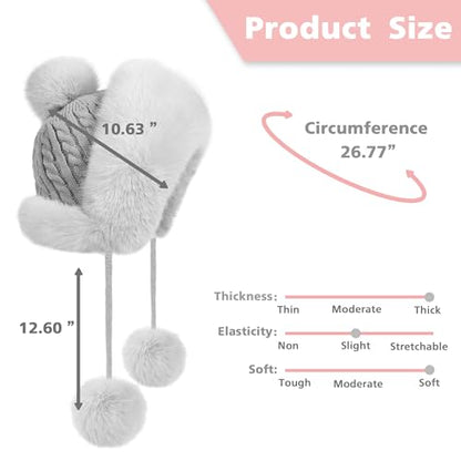Winter Hats Cute Kint Hat Russian Fur Crochet Hat Slouchy Beanies with Pompom Warm Fuzzy Snow Cap Trapper Hat for Women - color: Gray