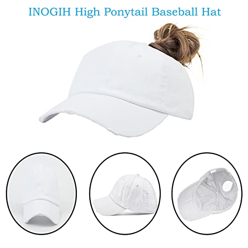 Women Distressed Ponytail Baseball-Hat Cotton Adjustable Baseball-Cap - color: White