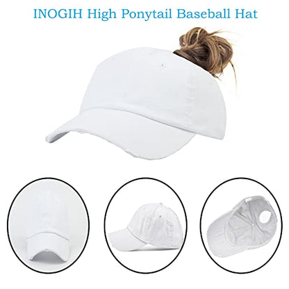 Women Distressed Ponytail Baseball-Hat Cotton Adjustable Baseball-Cap - color: White