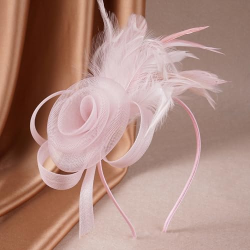 Zinniday Victorian Feather Fascinators Hats - 2025 Derby Attire Headwear with Hairpin,1920s Tea Party Hat for Woman - color: Pink