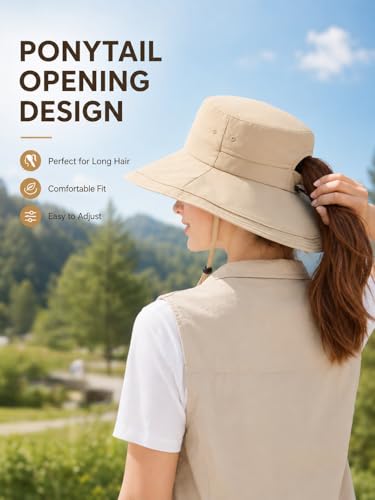 Women Summer Wide Brim Sun Hat UV Protection Ponytail Hole Waterproof Foldable Bucket Hat for Beach Hiking Travel - color: Light Khaki