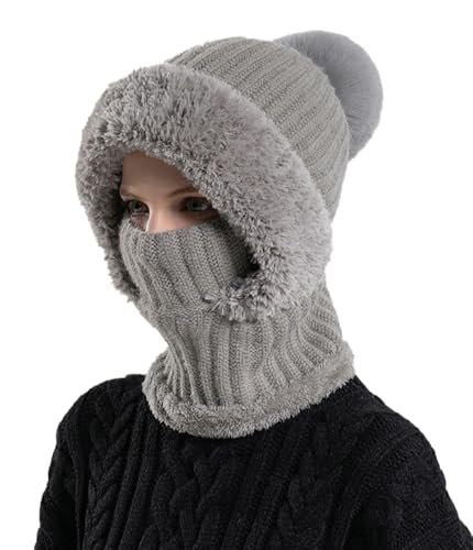 Womens Knit Beanie Hat Fleece Lined Winter Scarf Mask Set Snow Caps Plush Earmuff Skull Hats with Pompom - color: Grey