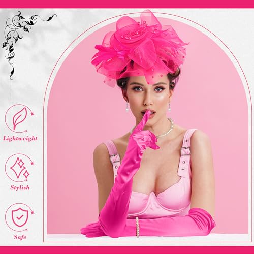 Yaomiao 5 Pcs 1920s Tea Party Accessories Fascinator Hat Gloves - color: Rose Red
