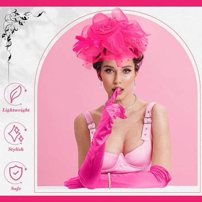 Yaomiao 5 Pcs 1920s Tea Party Accessories Fascinator Hat Gloves - color: Rose Red