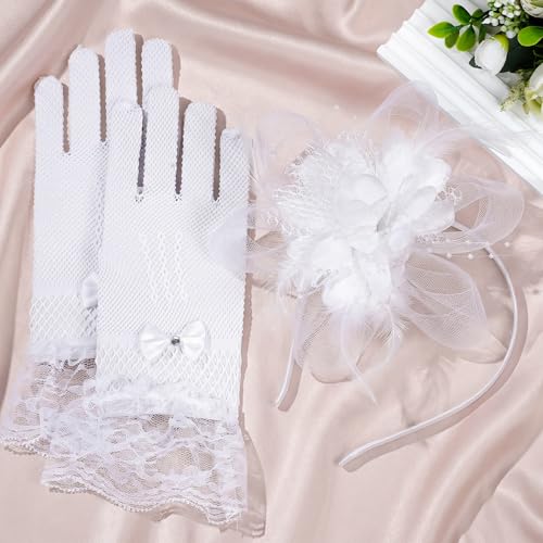 Fascinators Hats with Lace Gloves for Women Headband for Tea Party Wedding - color: White