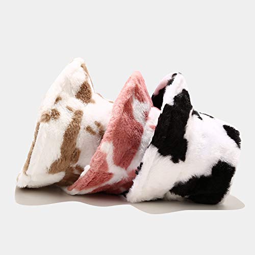 Winter Faux Fur Furry Bucket Hat Fluffy Fuzzy Warm Hat Plush Fisherman Hat for Women Men Teens Girls - color: Cow Print