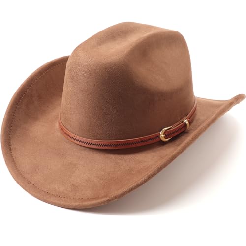 Western Cowboy Hats for Women Classic Felt Wide Brim Fedora Hat with Belt Buckle Retro Panama Hat Unisex Rolled up Cap - color: Suede Cowboy Hats : Brown, size: Small