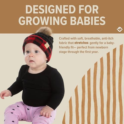 Funky Junque Baby Pom Pom Beanie – Soft Knit Infant Winter Hat for Baby Girls & Boys, Cozy Warm Newborn Beanie 0–12 Months - color: Buffalo Check - Black/Red
