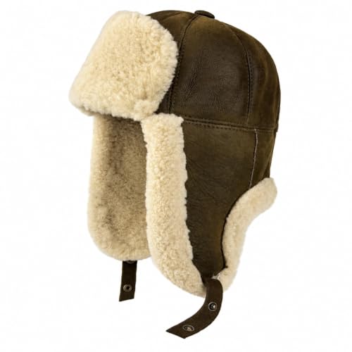 Leather Aviator Russian Ushanka Trapper Shearling Sheepskin Fur Ear Flap Waterproof Winter Hat - color: Brown/Ivory, size: X-Large