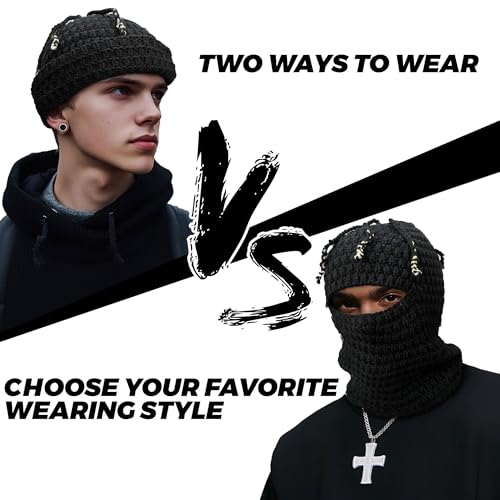CLAPE Distressed Balaclava for Men, Funny Knitted Ski Motorcycle Mask Distressed Winter Windproof Snow Full Face Cover Mask - color: Khwb2401-khaki