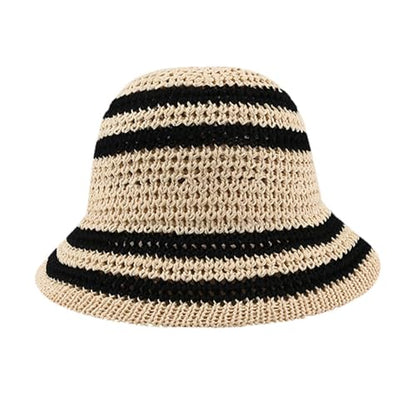Gogobear Summer Straw Sun Hat for Women Outdoor Striped Beach Bucket Hat - color: Beige