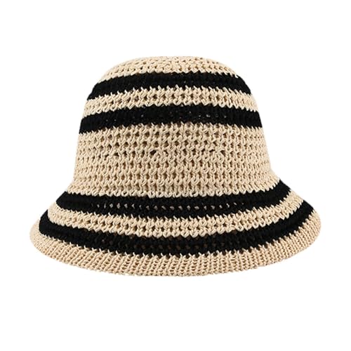 Gogobear Summer Straw Sun Hat for Women Outdoor Striped Beach Bucket Hat - color: Beige