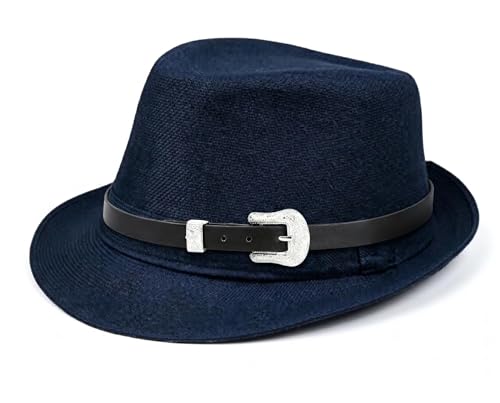 Classic Fedora Hat for Men Women Short Brim Panama Summer Beach Hat Accessories with Belt Buckle - color: Blue, size: Small-Medium