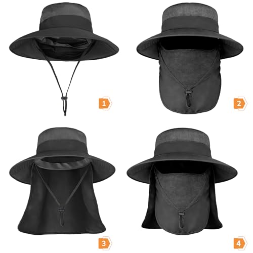 ZOORON Sun Hats for Men Women with Neck Flap Fishing UPF 50+ UV Protection - color: Black (With Face Cover)