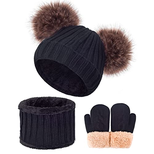 Kids Winter Beanie Scarf Gloves Set - Thermal Fleece Lined Knit Hat, Soft Neck Warmer & Mittens for Girls & Boys 1-10 Years - color: Black-s, size: 1-5 years