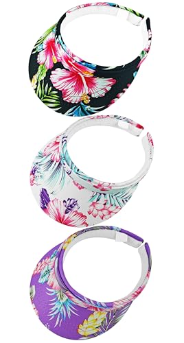 3 Pack Sports Sun Visor Hat Women Men Adjustable Clip On Visors Outdoor Golf Beach Cap - color: Flower-black White Purple