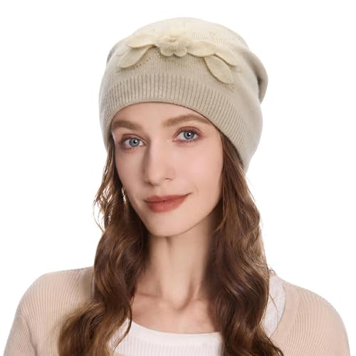 ZLYC Women Floral Slouchy Beanie Hat Double Layer Winter Knit Skull Cap - color: Small Pom Flowers Beige