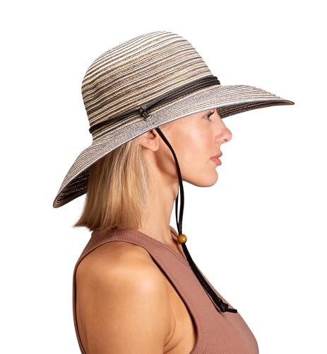 Sloggers Women's Wide Brim Braided Sun Hat with Wind Lanyard - UPF 50+ Maximum Sun Protection - color: Earth Brown
