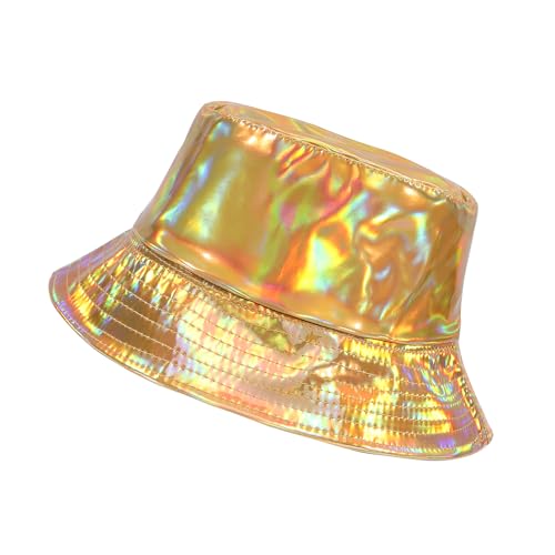 Rave Bucket Hat for Men Women Waterproof Rain Hat Wide Brim Bucket Hat Metallic Party Hats - color: A2: Gold