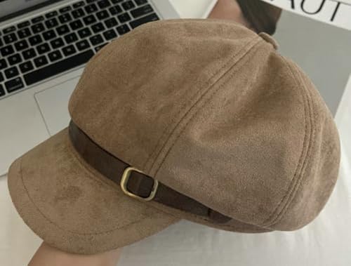 Vintage Newsboy Hats Winter Suede Caps Women's Octagonal Hat Fashion Gatsby Cabbie Baker Visor Beret Hat - color: Camel