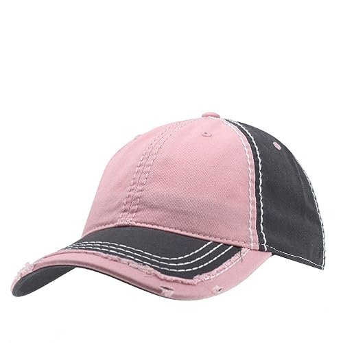 Washed Cotton Distressed with Heavy Stitching Adjustable Baseball Cap - color: Charcoal Gray/Pink/Charcoal Gray