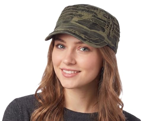 D&Y Unisex 100% Cotton Military Cadet Hat - Distressed Frayed Flat Top Cap - Adjustable Everyday Patrol Hat - color: Camo