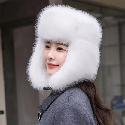 Women's Fluffy Trapper Hat, Long Pile Faux Fur Ushanka hat with Buckle, Luxurious Mink-Style Winter Warm Hat - color: White