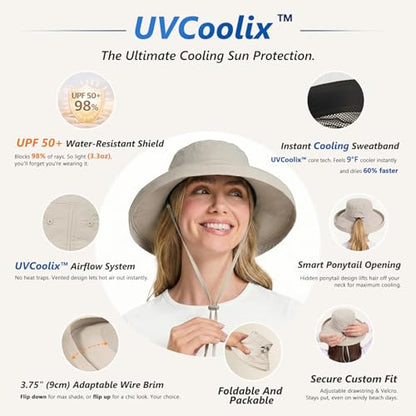 TOP-EX UVCoolix Women's UPF 50+ Wide Brim Cooling Sun Hat - color: Greige, size: Medium-Large