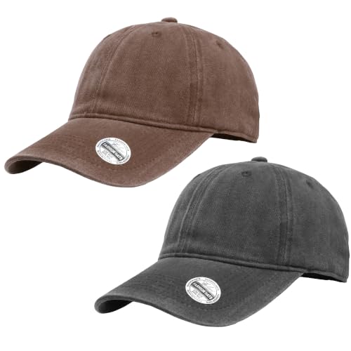 Falari Vintage Washed Cotton Baseball Caps, Original Classic Adjustable Size Low Profile Unconstructed Distressed Dad Hat - color: 2pk - Black & Brown