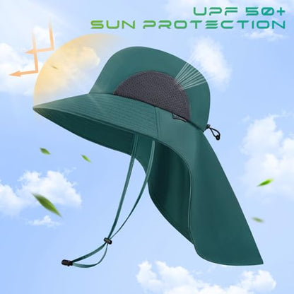 UPF 50+ Foldable Sun Hats Wide Brim with Large Neck Flap for Men Women UV Protection Gardening Fishing Beach Hat - color: Midnight Green