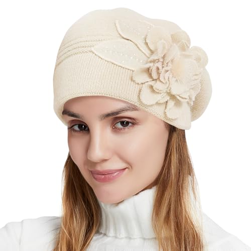 Flower Women Beret, Double Layer Thickened Winter Knitted Beanie Beret Hat, Stylish French Dress Beret Hats for Women - color: Beige