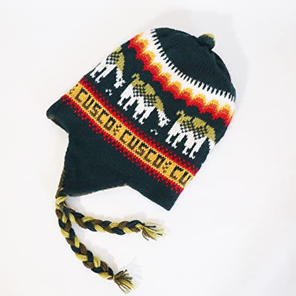 Alpaca Wool Blend Winter Hat Chullo Inca Peruvian Design Reversible with Earflaps. Beanie Medium Size. Unisex - color: Green Uniform/Green Pine