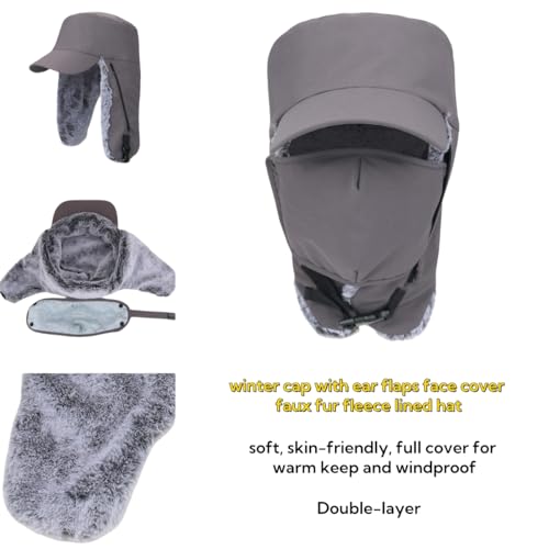 Trapper Hat Warm Faux Fur Winter Cap with Ear Flaps Windproof Waterproof Snow Ski Hats for Men Women Cold Weather - color: Dark Grey