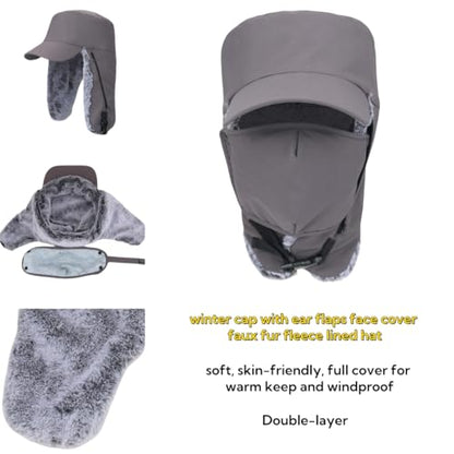 Trapper Hat Warm Faux Fur Winter Cap with Ear Flaps Windproof Waterproof Snow Ski Hats for Men Women Cold Weather - color: Dark Grey
