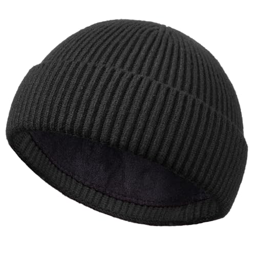 Short Fisherman Beanie for Men Women Wool Fleece Lined Winter Hat - color: 1pcs-black
