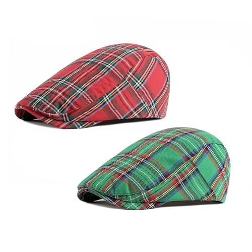 Men's Plaid Striped Newsboy Ivy Flat Driving Golf Cap - color: Red Striped