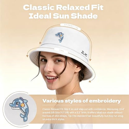 ZLYC Cotton Bucket Hat for Women Men Embroidered Packable Summer Sun Cap - color: Dolphin White