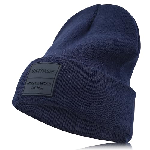 VINTAGE HAVANA Beanie for Women & Men | Thick Cuffed Knitted Winter Hat Beanies Unisex Skull Caps| Vintage Logo Patch - color: Navy
