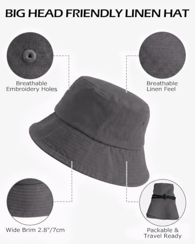 Zylioo XXL Linen Bucket Hat for Big Heads, Summer Travel Sun Hat - color: Dark Gray, size: XX-Large-3X-Large