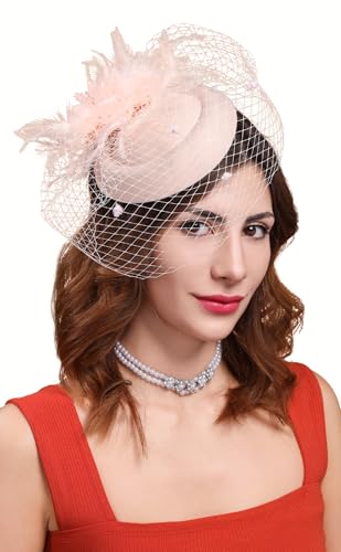 Fascinators Hats for Women Pillbox Hat 20s 30s 50s Vintage Feather Headwear Bowler Flower Veil Wedding Tea Party Hat - color: X-peach