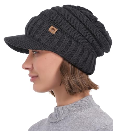 Women Men Winter Beanie Hat with Visor, Warm Fleece Lined Beanie Cap, Thick Knit Cap Slouchy Hat with Brim - color: Charcoal Grey