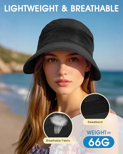 Century Star Sun Hat for Women Wide Brim Zip-Off Beach Hat Visor Ponytail UV Protection Summer Visors - color: Black