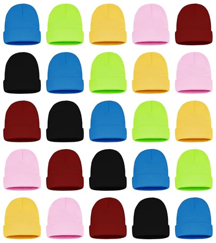 25 Pack Winter Beanie Hats, Unisex Thermal Toboggan Cold Weather Cuffed Caps Bulk Bundle - color: Assorted Neon