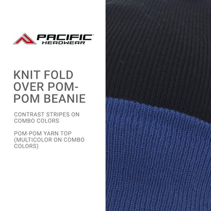 Pacific Headwear Unisex Adult Pacific Headwear Knit Fold Over Pom-pom Beanie - color: Black/Royal, size: One Size