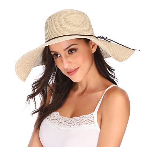 Lanzom Womens Wide Brim Straw Hat Big Floppy Foldable Roll up Cap Beach Sun Hat UPF 50+ - color: Beige