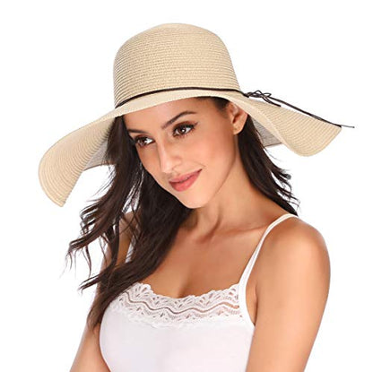 Lanzom Womens Wide Brim Straw Hat Big Floppy Foldable Roll up Cap Beach Sun Hat UPF 50+ - color: Beige