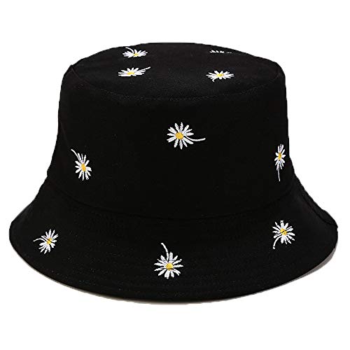 Womens Embroidered Daisy Bucket Hat Reversible Packable Beach Sun Hat - color: Daisy Black/Plain Black